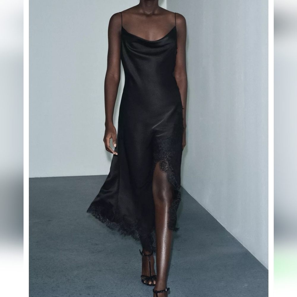 ZARA ASYMMETRIC LACE DRESS BLACK - Picture 6 of 12